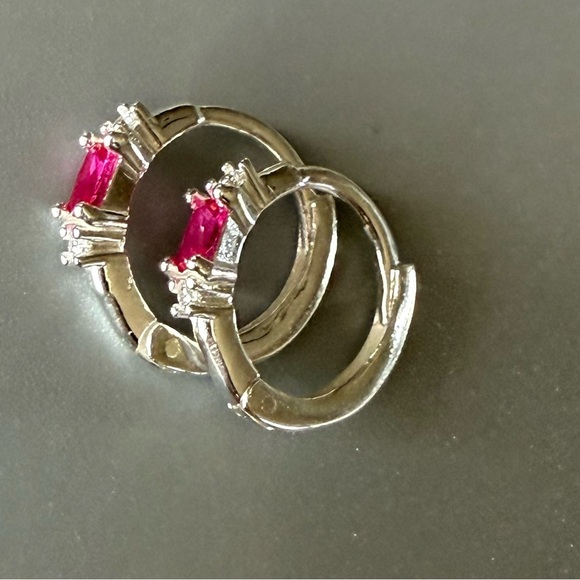 Sterling Silver Ruby Baguette Huggie Hoop Earrings 11mm - Picture 4 of 11